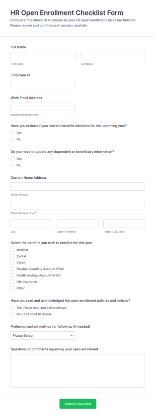 HR Open Enrollment Checklist Form Template