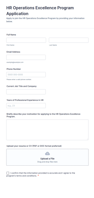 HR Operations Excellence Program Application Form Template
