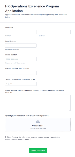 HR Operations Excellence Program Application Form Template