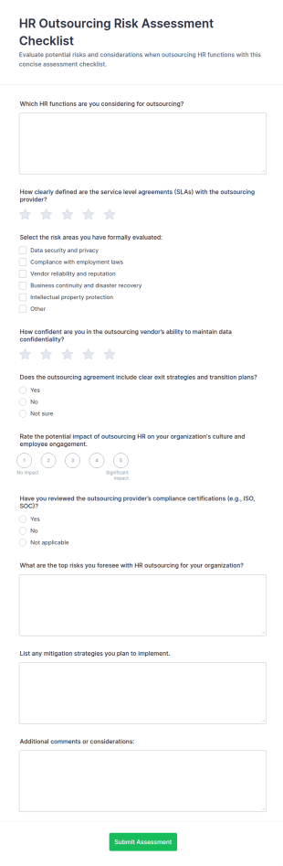 HR Outsourcing Risk Assessment Checklist Form Template