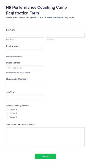 HR Performance Coaching Camp Registration Form Template
