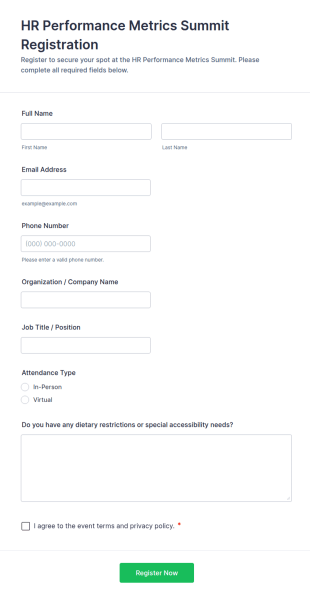 HR Performance Metrics Summit Registration Form Template