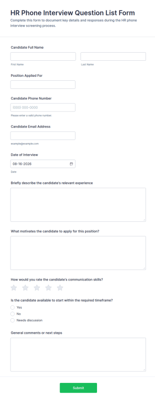 HR Phone Interview Question List Form Template