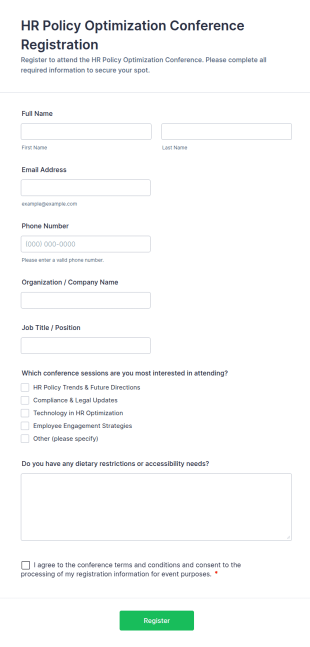 HR Policy Optimization Conference Registration Form Template