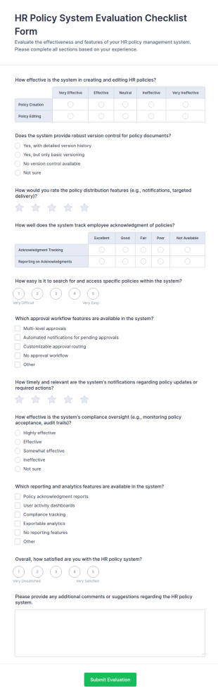 HR Policy System Evaluation Checklist Form Template