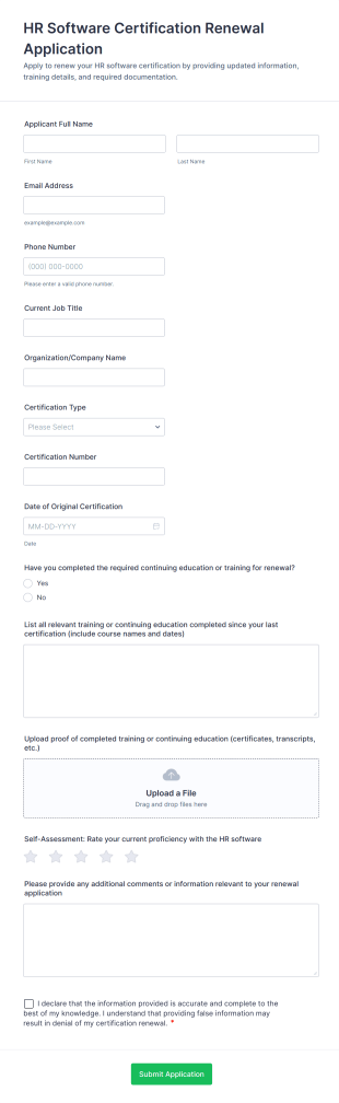 HR Software Certification Renewal Application Form Template
