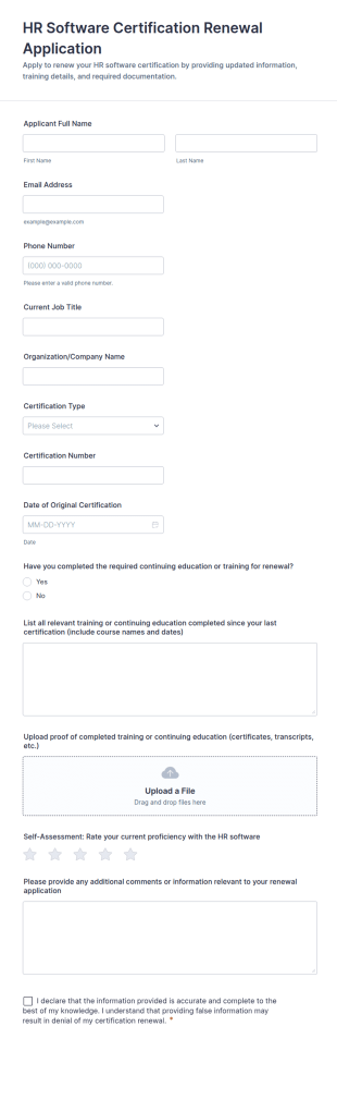 HR Software Certification Renewal Application Form Template