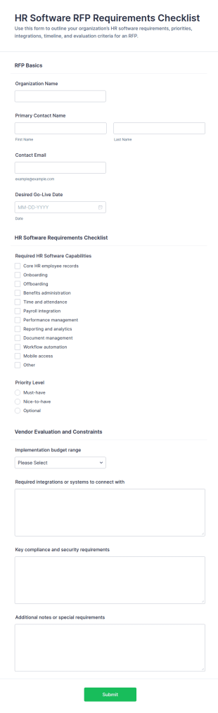 HR Software RFP Requirements Checklist Form Template