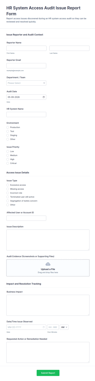 HR System Access Audit Issue Report Form Template