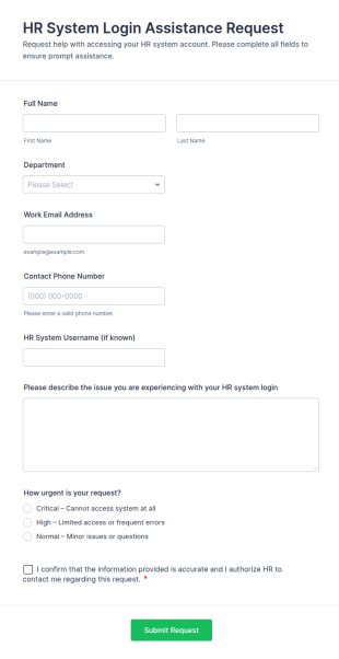 HR System Login Assistance Request Form Template