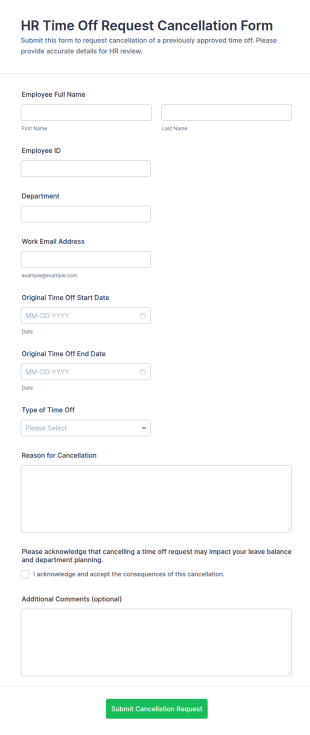HR Time Off Request Cancellation Form Template