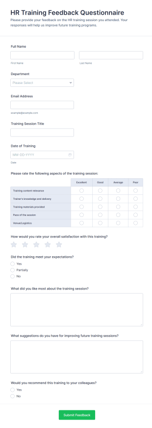 HR Training Feedback Questionnaire Form Template