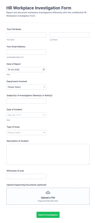 HR Workplace Investigation Questionnaire Form Template