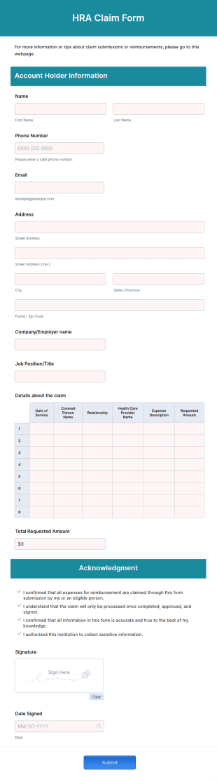 HRA Claim Form Template