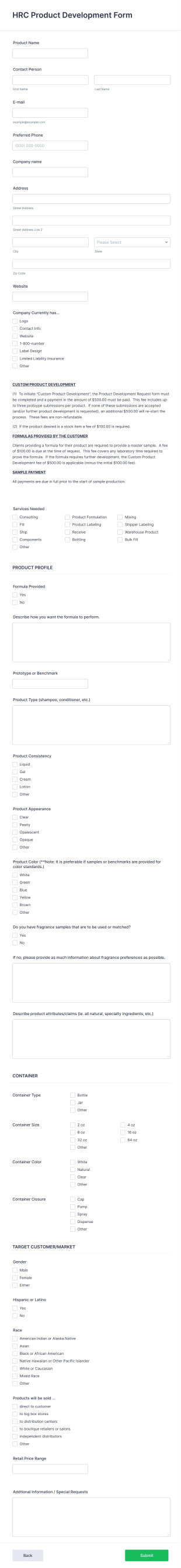 Cosmetics Product Development Request Form Template