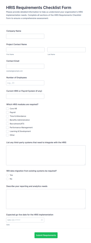 HRIS Requirements Checklist Form Template