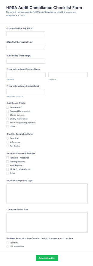 HRSA Audit Compliance Checklist Form Template
