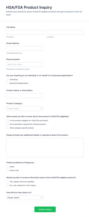 HSA/FSA Product Inquiry Form Template