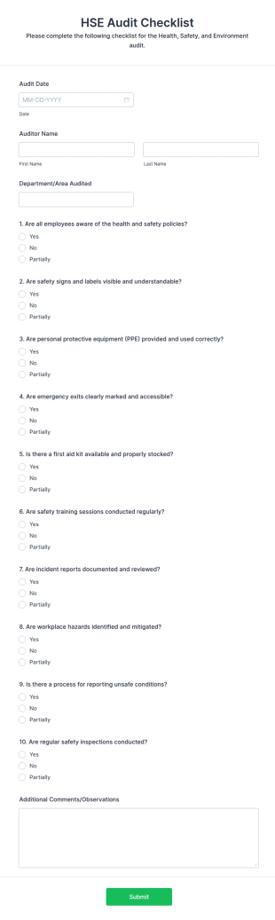 HSE Audit Checklist Form Template