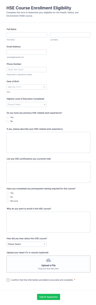 HSE Course Enrollment Eligibility Form Template