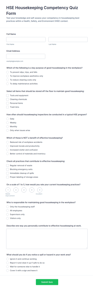 HSE Housekeeping Competency Quiz Form Template