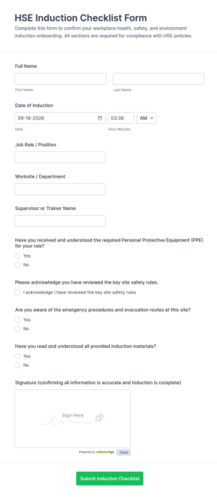 HSE Induction Checklist Form Template