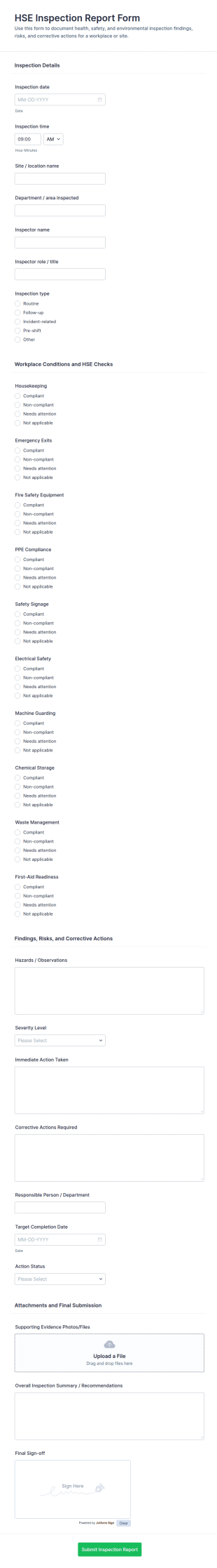 HSE Inspection Report Form Template