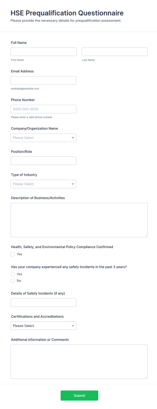 HSE Prequalification Questionnaire Form Template