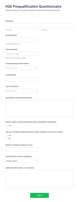 HSE Prequalification Questionnaire Form Template