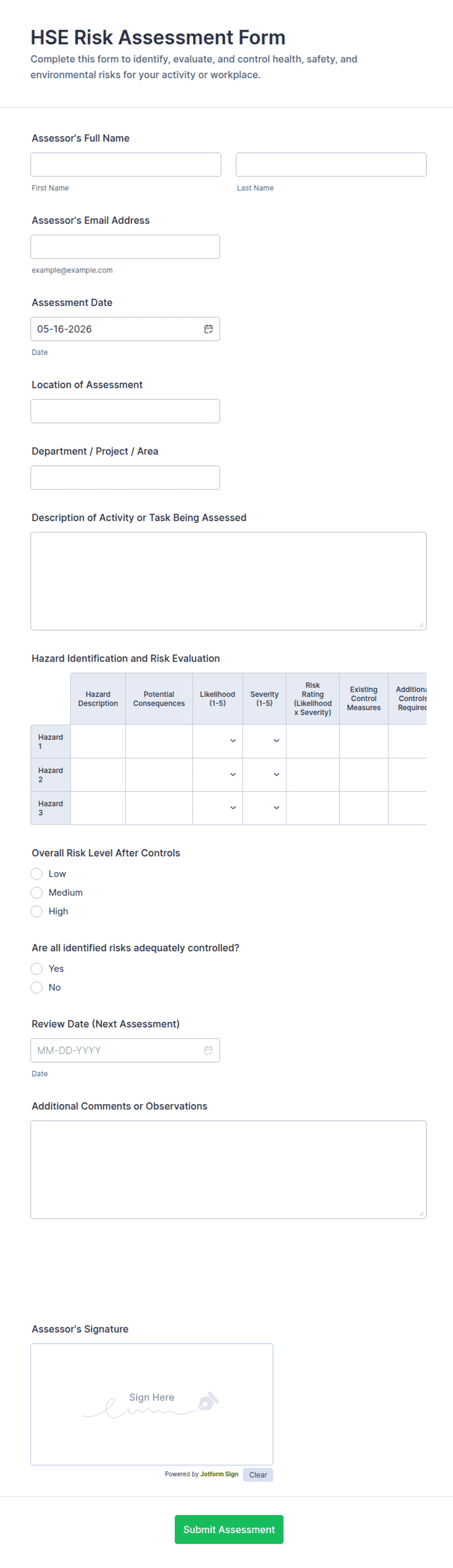 HSE Risk Assessment Form Template | Jotform