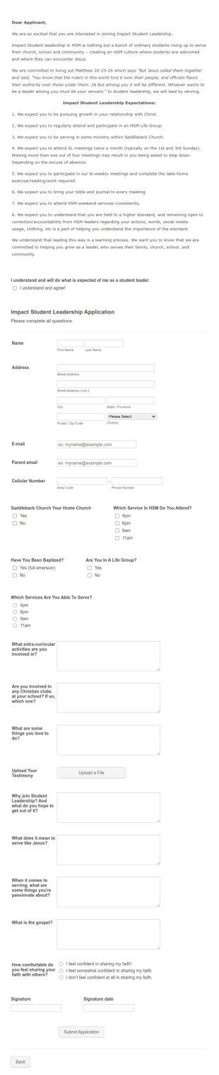 Student Leadership Application Form Template