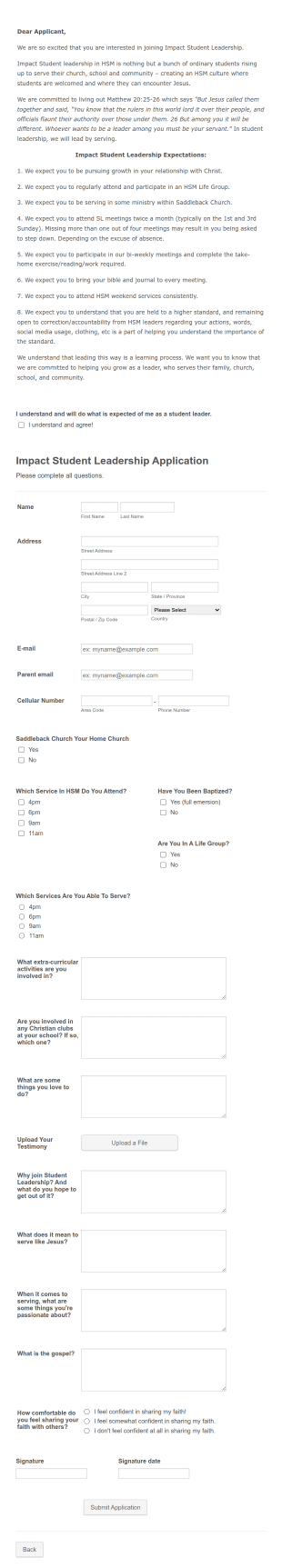 Student Leadership Application Form Template