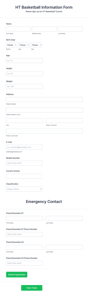 Basketball Tryout Information Form Template