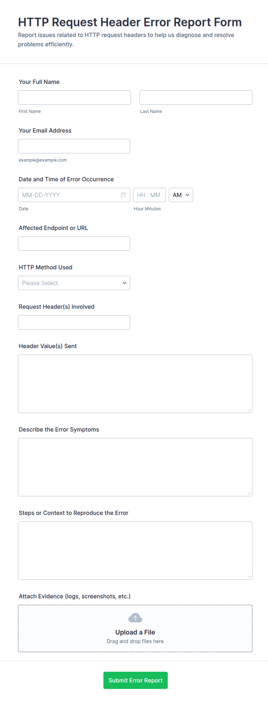 Http Header Screen Shot HTTP Request Header Error Report Form Template | Jotform