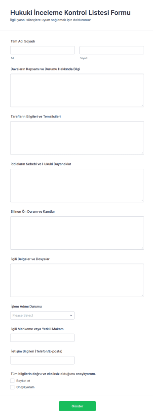 Hukuki İnceleme Kontrol Listesi Form Şablonu