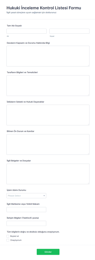Hukuki İnceleme Kontrol Listesi Form Şablonu