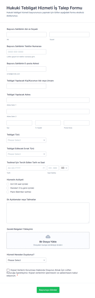 Hukuki Tebligat Hizmeti İş Talep Form Şablonu