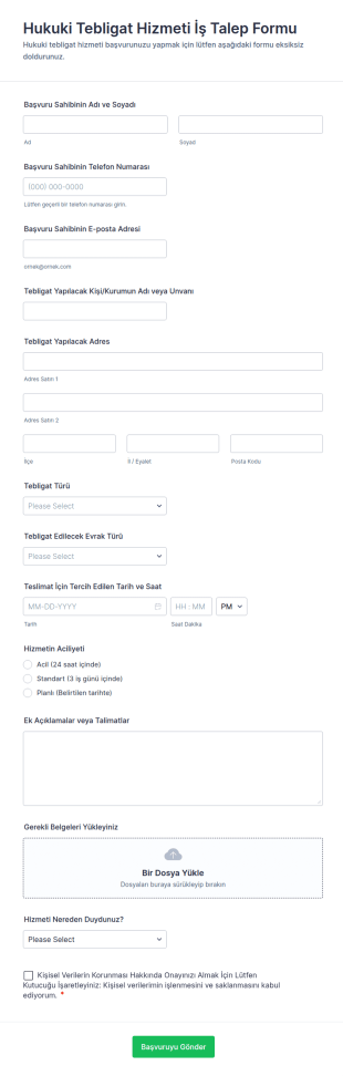 Hukuki Tebligat Hizmeti İş Talep Form Şablonu