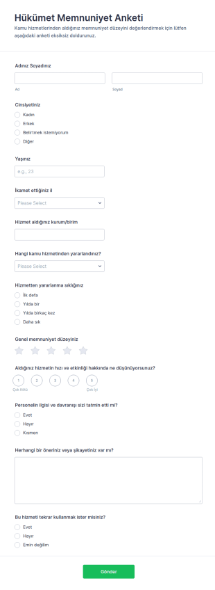 Hükümet Memnuniyet Anketi Form Şablonu