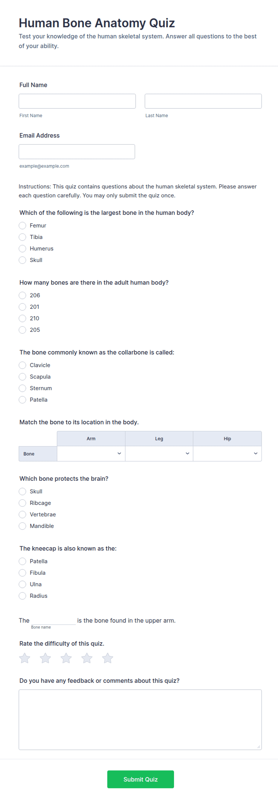 Human Bone Anatomy Quiz Form Template | Jotform