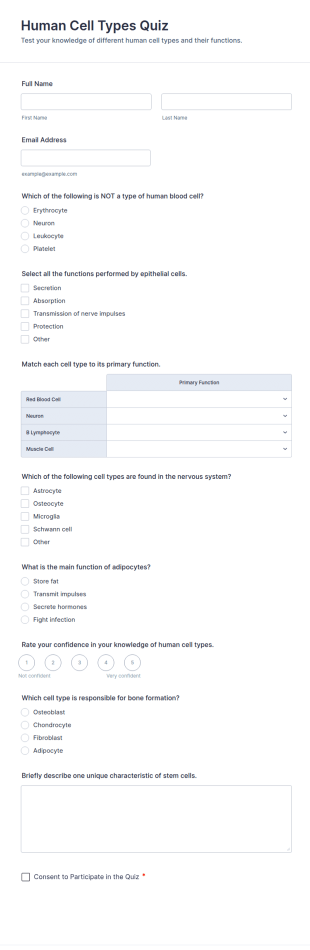 Human Cell Types Quiz Form Template