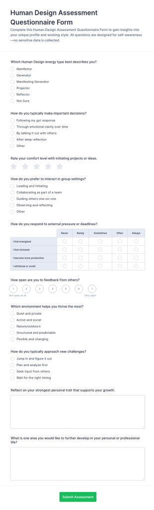 Human Design Assessment Form Template
