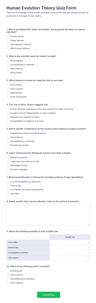 Human Evolution Theory Quiz Form Template