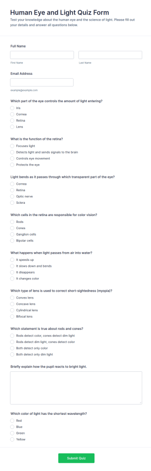 Human Eye And Light Quiz Form Template