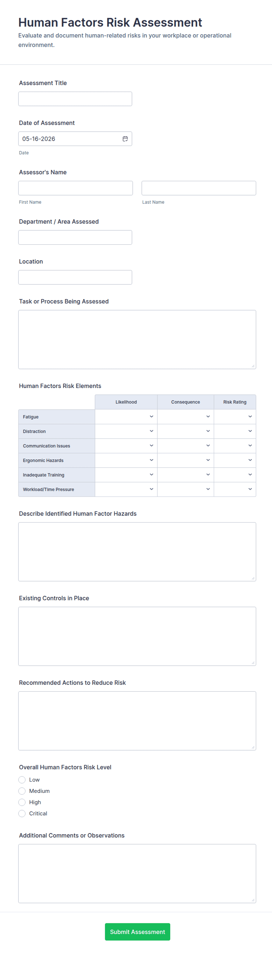 Human Factors Risk Assessment Form Template | Jotform