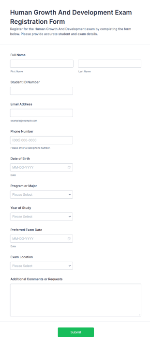 Human Growth And Development Exam Registration Form Template