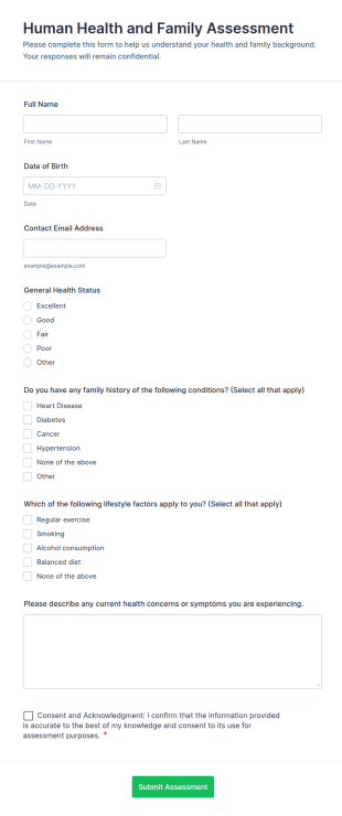 Human Health And Family Assessment Form Template