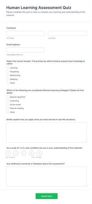 Human Learning Assessment Quiz Form Template