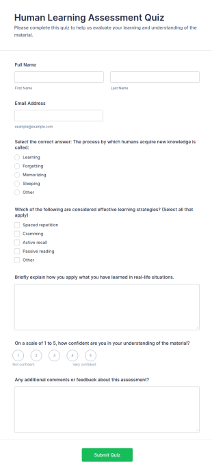 Human Learning Assessment Quiz Form Template