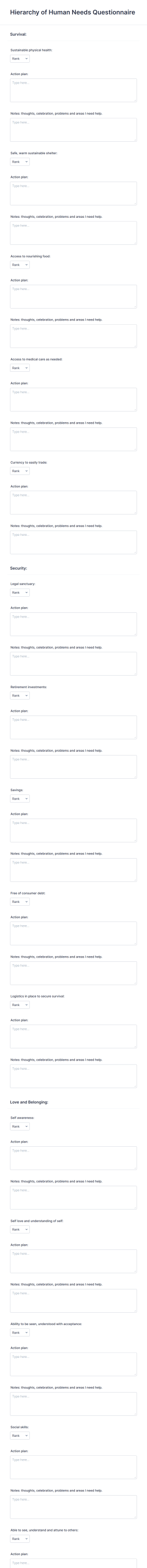 Human Needs Questionnaire Form Template